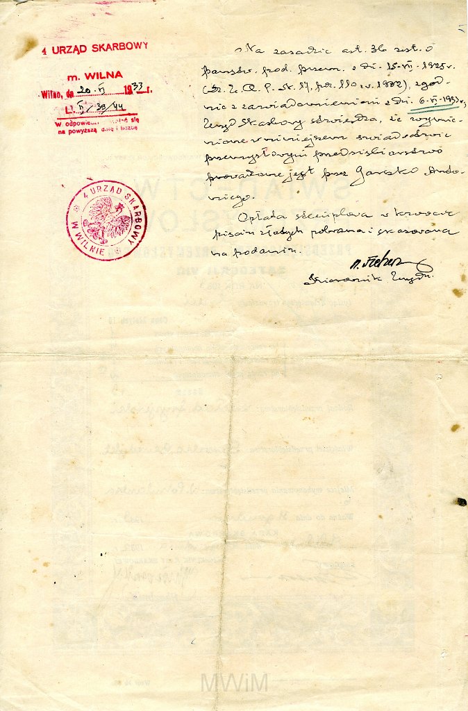 KKE 5737a.jpg - Dok. Świadectwo Przemysłowe dla Przedsiębiorstwa Przemysłowego – zakładu fryzjerskiego Benedykta Graszko za 1933 rok, Wilno, 29 XII 1932 r. Wytwórnia PWPW Warszawa wzór nr. 36.